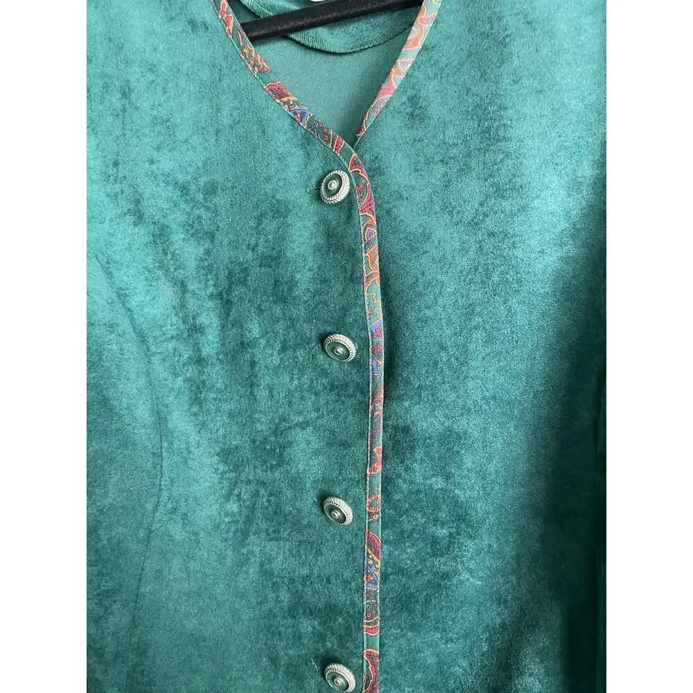 Pablo Collection Faux Suede Knit Blazer Women's 14 Button Up Green Paisley Trim - Picture 10 of 10